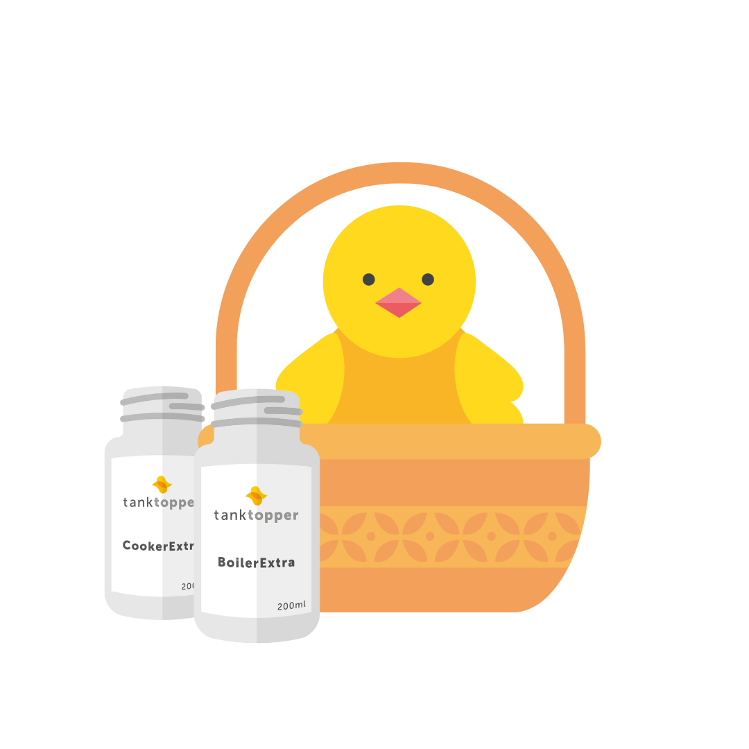 Chick in basket with tank topper additive bottles